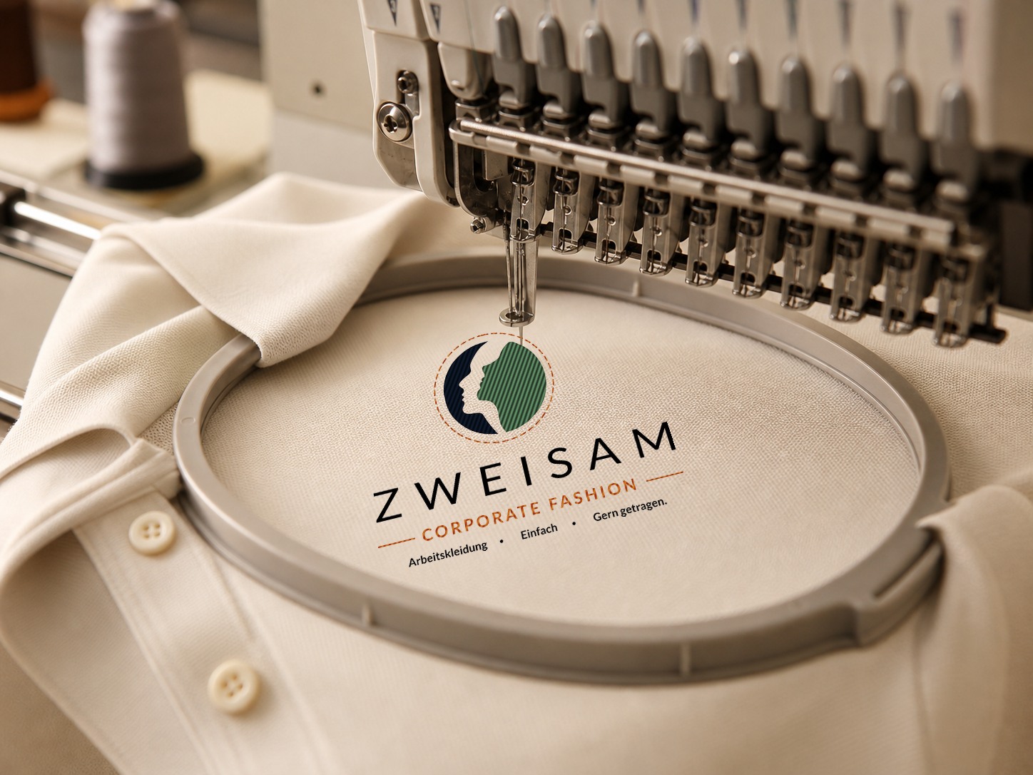 Stickmaschine stickt das Zweisam-Logo auf ein Poloshirt
