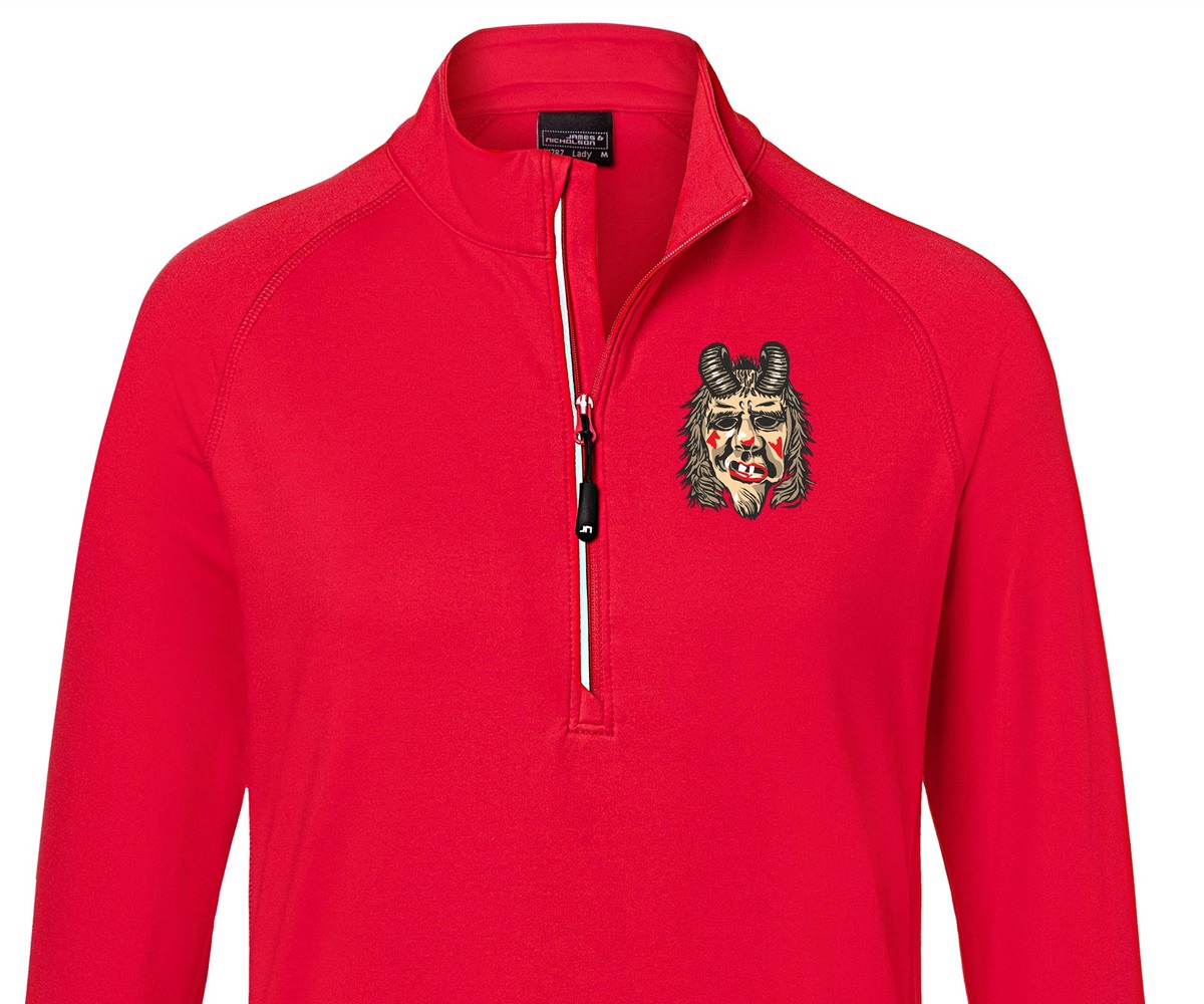 Roter Half-Zip-Unterzieher mit Geisenmeckerer-Motiv auf der Brust für die Fasnet