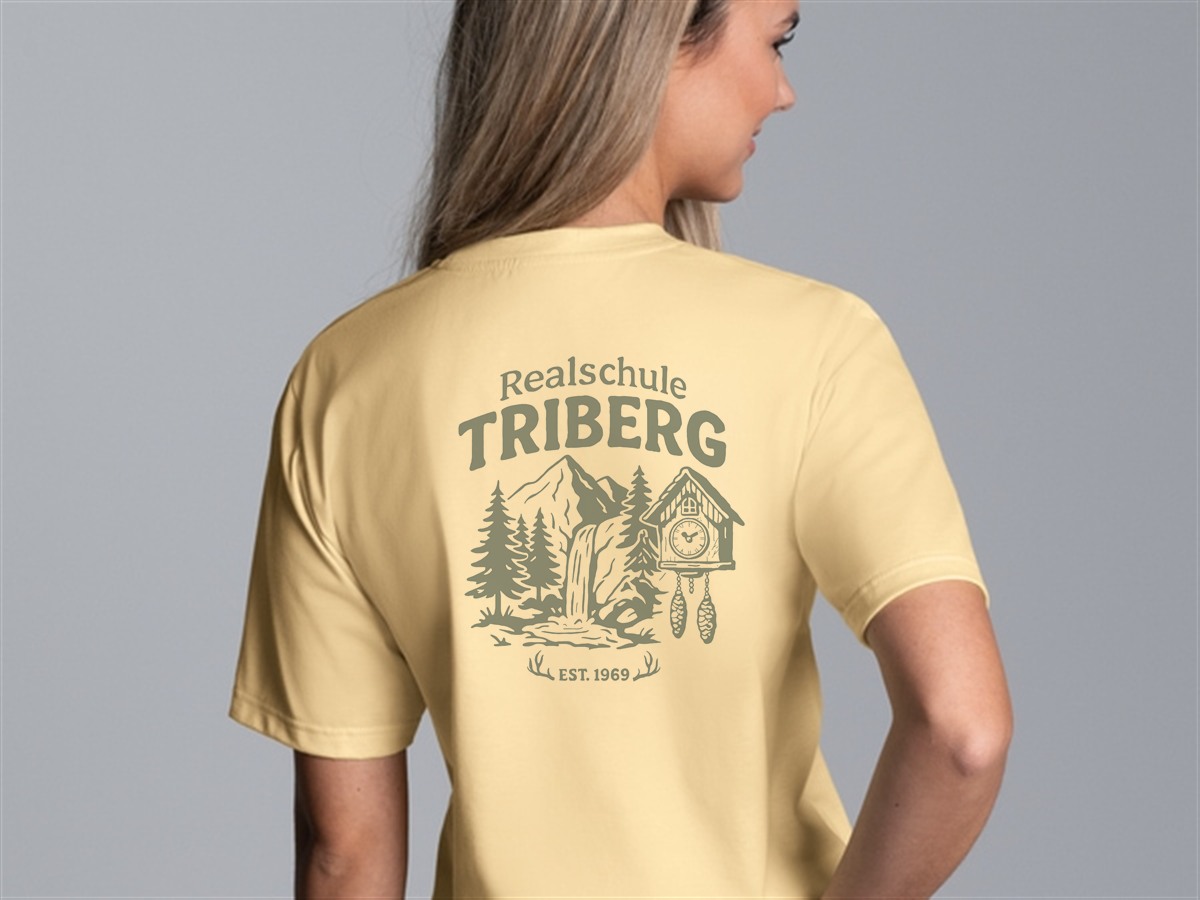 Nachhaltiges Schulshirt der Realschule Triberg mit großem Rückendruck (Wasserfall und Kuckucksuhr), gefertigt von Trigema