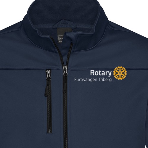 Navyfarbene Softshelljacke mit weißem Rotary-Schriftzug und orangem Rad auf der Brust