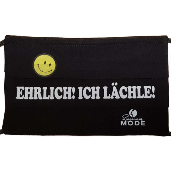 Gesichtsmaske wiederverwendbar bequem  mit Hunor / Spruch "Ehrlich ich Lächle" schwarz mit weisser Schrift von Zweisam Mode schonach im Schwarzwald