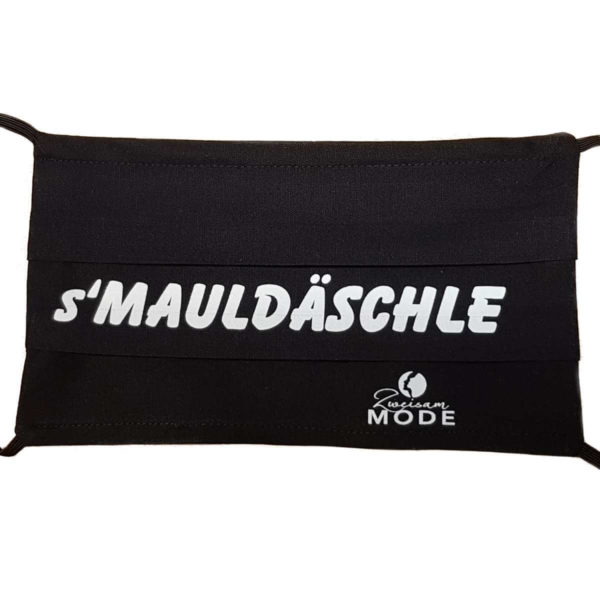 Gesichtsmaske, Mund- Nasenschutz wiederverwendbar handarbeit bequem mit humor / Spruch s'Mauldäschle schwarz mit weisser Schrift