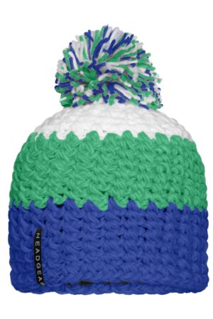Mütze Unisex Grün/Weiß/Blau – Crocheted Cap with Pompon