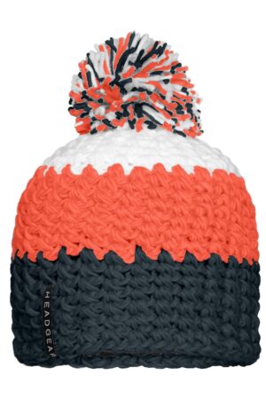 Mütze Unisex Grün/Weiß/Blau – Crocheted Cap with Pompon