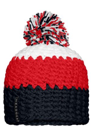 Mütze Unisex Grün/Weiß/Blau – Crocheted Cap with Pompon