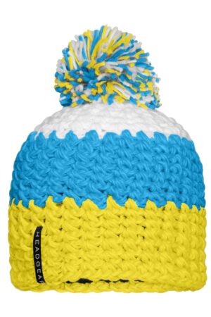Mütze Unisex Grün/Weiß/Blau – Crocheted Cap with Pompon
