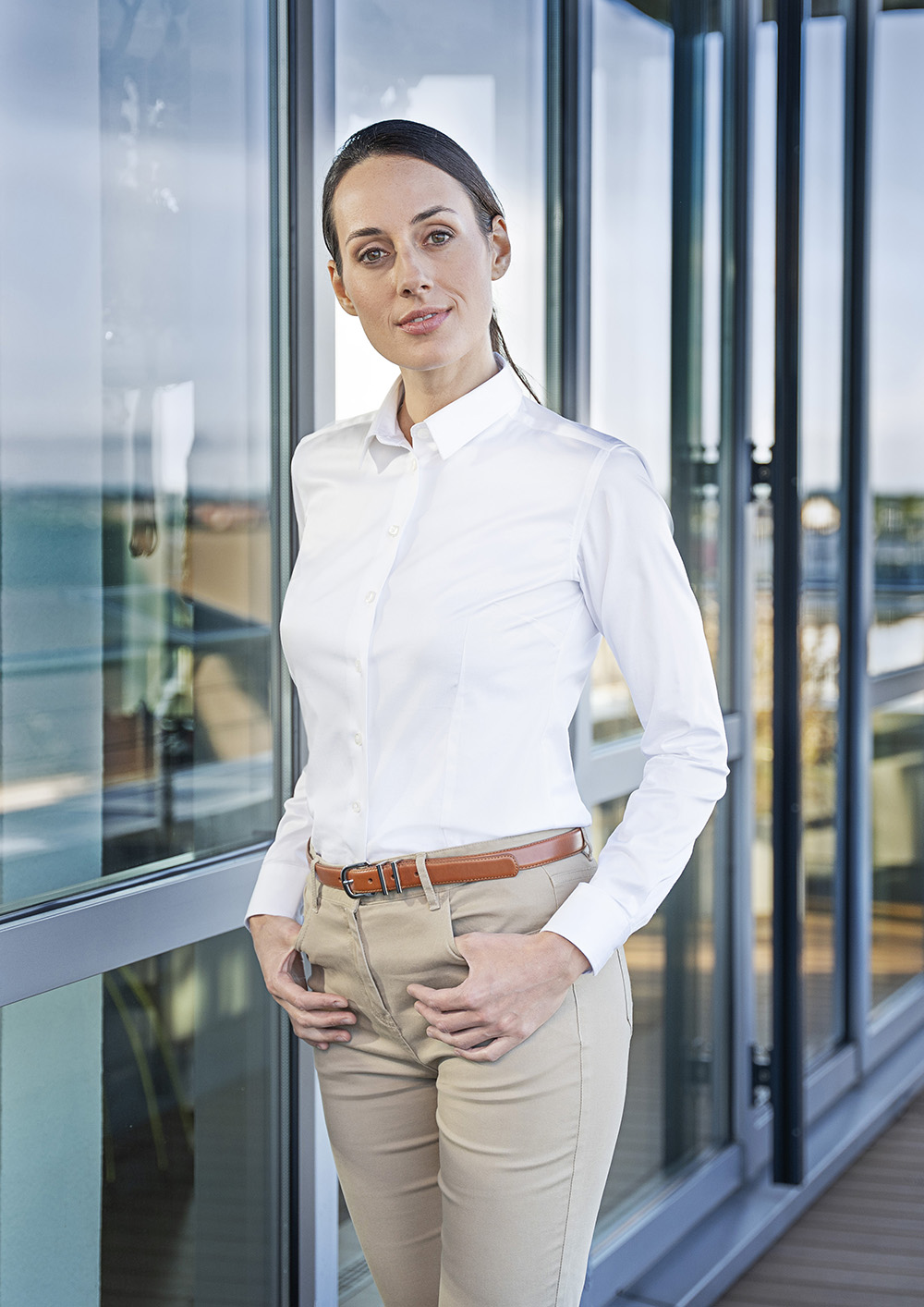 Bluse Damen Weiß – Langarm Damenbluse Active-Stretch in Slim-Fit