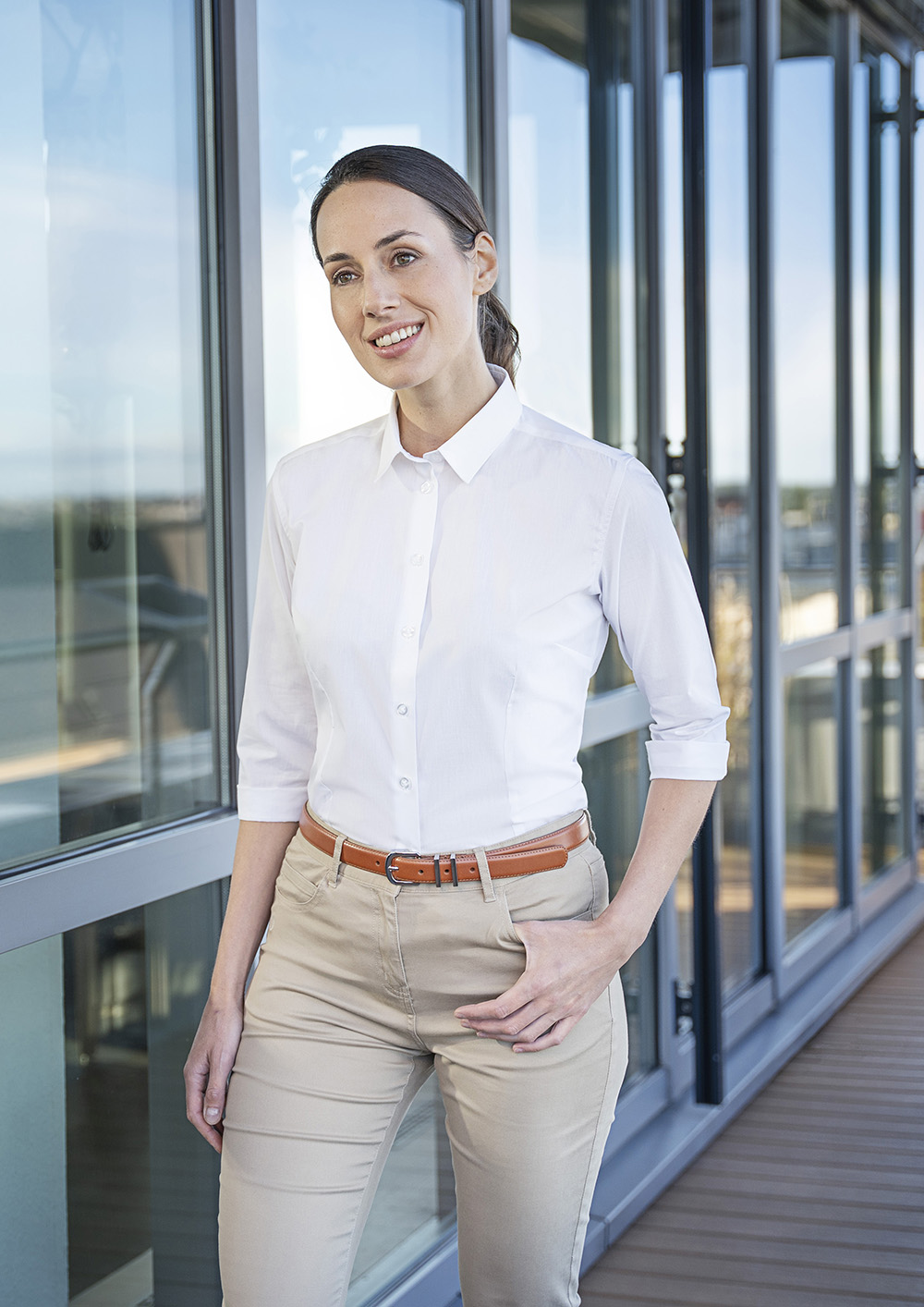 Bluse Damen Weiß – Damenbluse Active-Stretch mit 3/4-Ärmeln in Slim-Fit