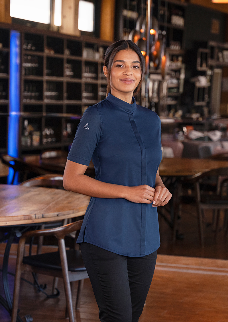 Kochjacke Damen Stahlblau – Kurzarm Damenkochjacke DIAMOND CUT® Avantgarde
