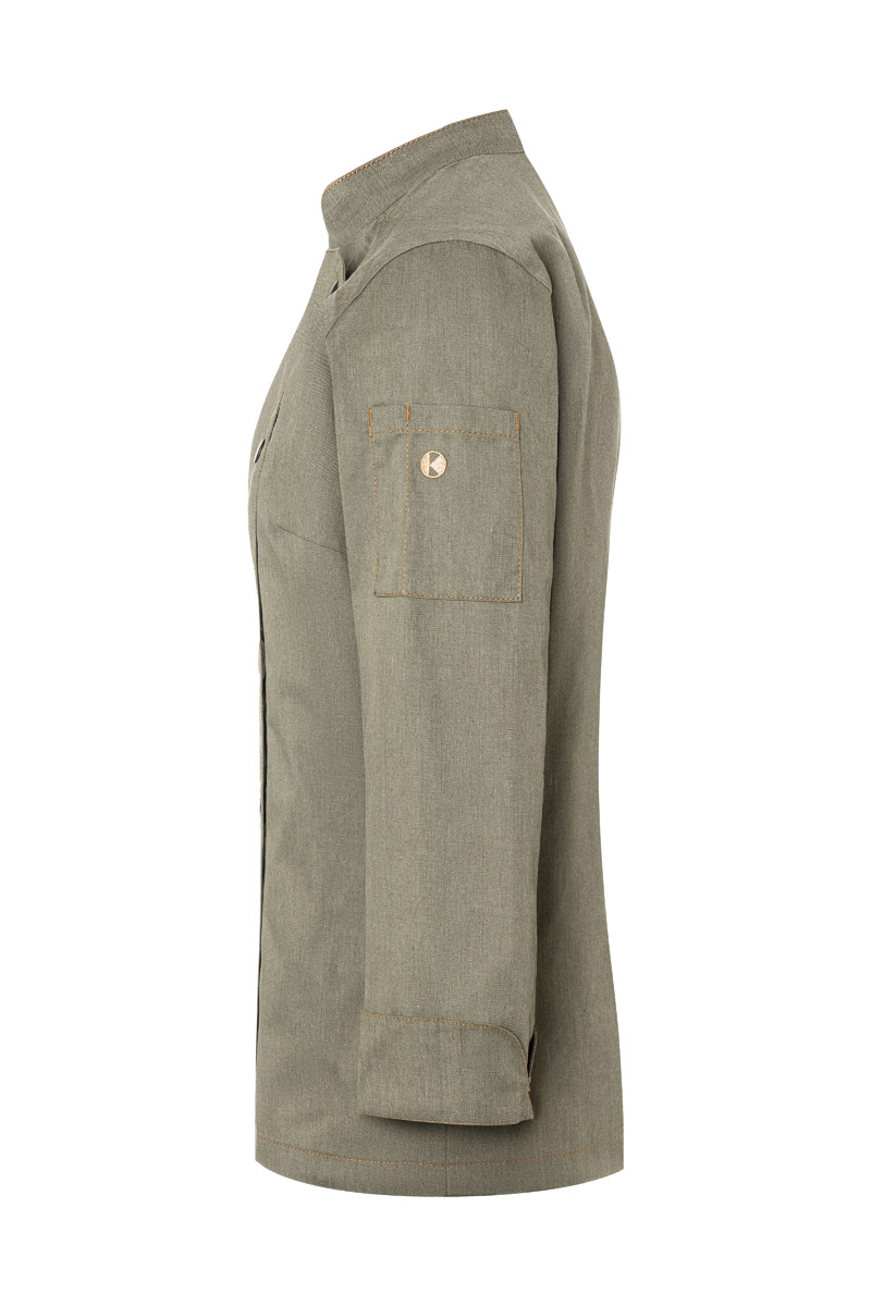 Kochjacke Damen Vintage moss green – Damenkochjacke Jeans-Style, Detailansicht