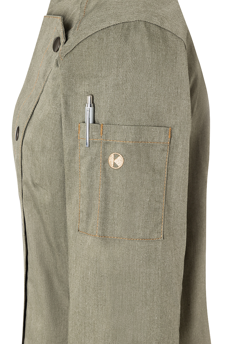 Kochjacke Damen Vintage moss green – Damenkochjacke Jeans-Style, Detailansicht