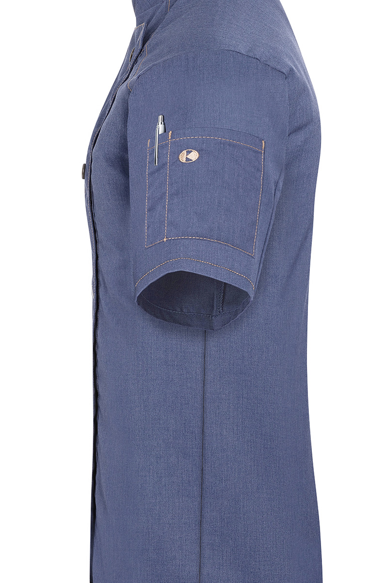 Kochjacke Damen Vintage blue – Kurzarm Damenkochjacke Jeans-Style, Detailansicht