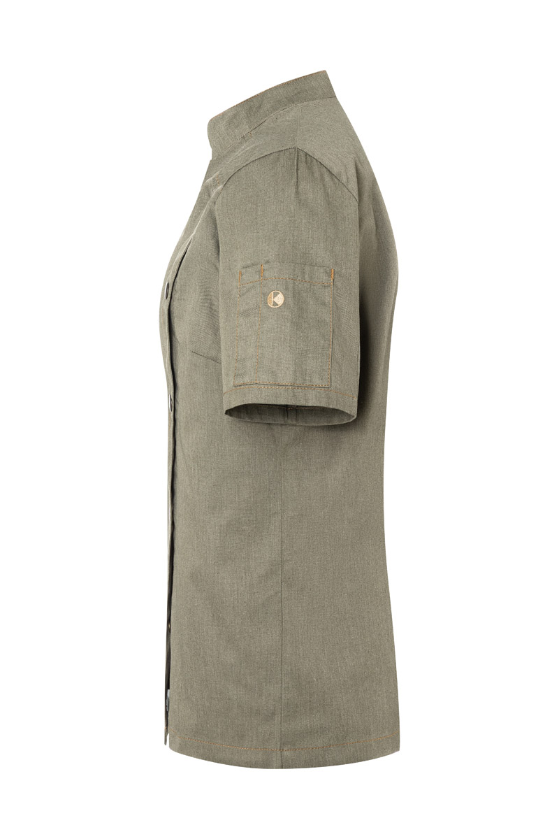 Kochjacke Damen Vintage moss green – Kurzarm Damenkochjacke Jeans-Style, Detailansicht