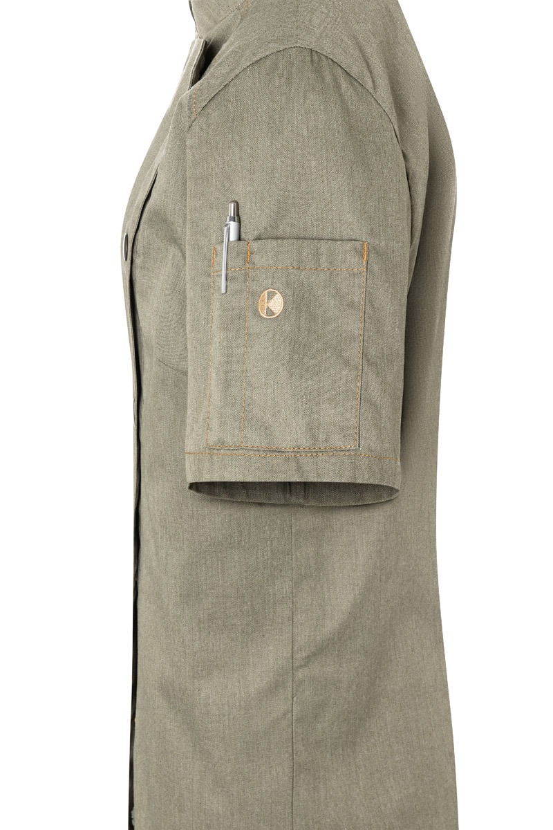 Kochjacke Damen Vintage moss green – Kurzarm Damenkochjacke Jeans-Style, Detailansicht