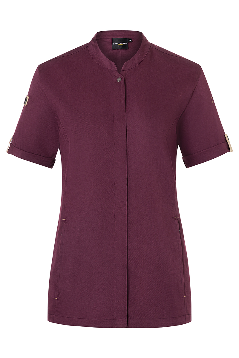 Kochjacke Damen Aubergine – Kurzarm Damenkochjacke Green-Generation, Detailansicht