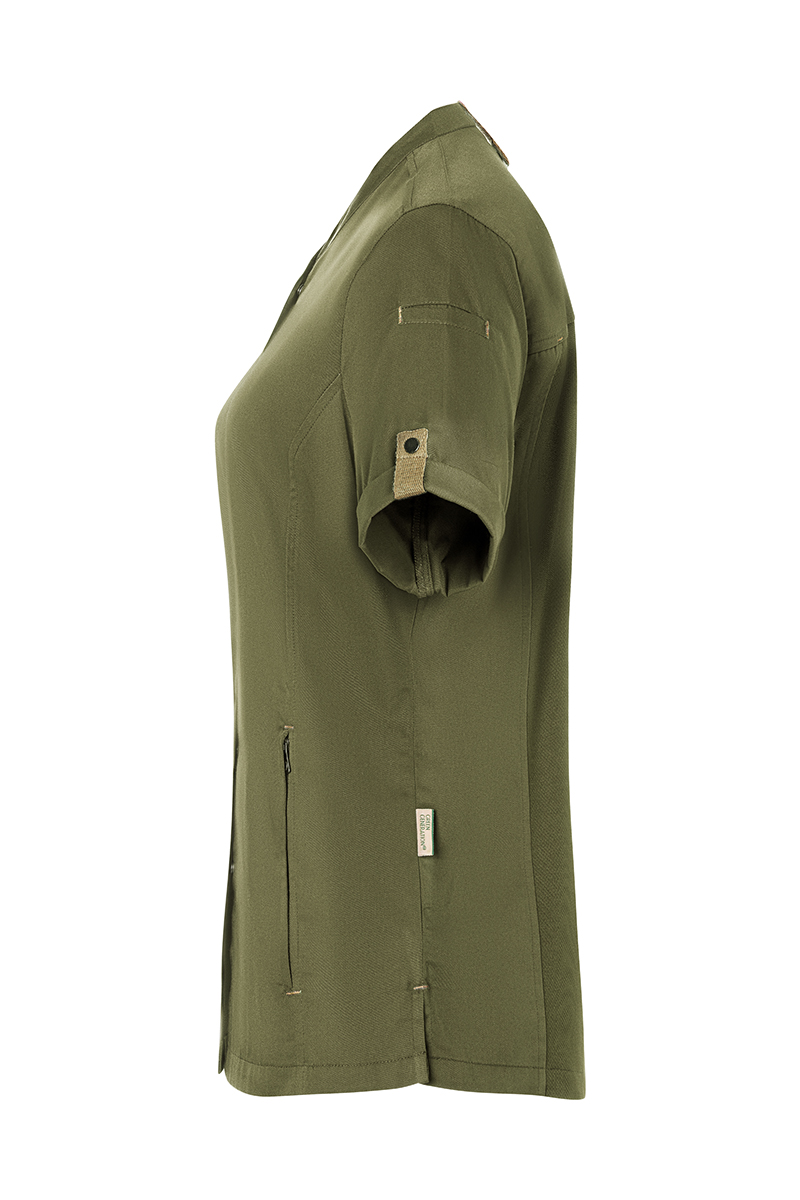 Kochjacke Damen Moosgrün – Kurzarm Damenkochjacke Green-Generation, Detailansicht