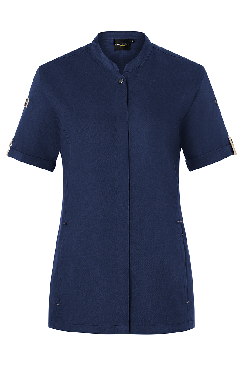 Kochjacke Damen Stahlblau – Kurzarm Damenkochjacke Green-Generation, Detailansicht