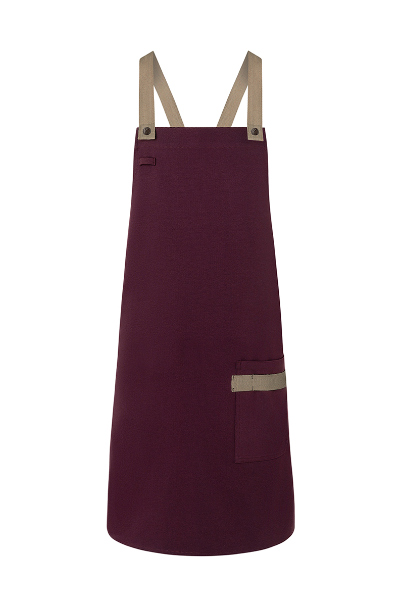 Latzschürze Unisex Aubergine – Latzschürze Urban-Look mit Kreuzbändern und Tasche, Detailansicht