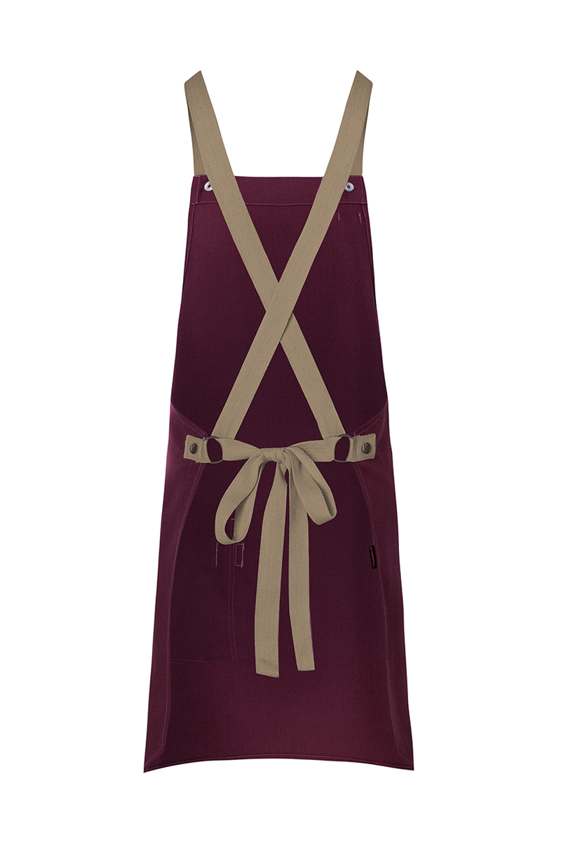 Latzschürze Unisex Aubergine – Latzschürze Urban-Look mit Kreuzbändern und Tasche, Detailansicht