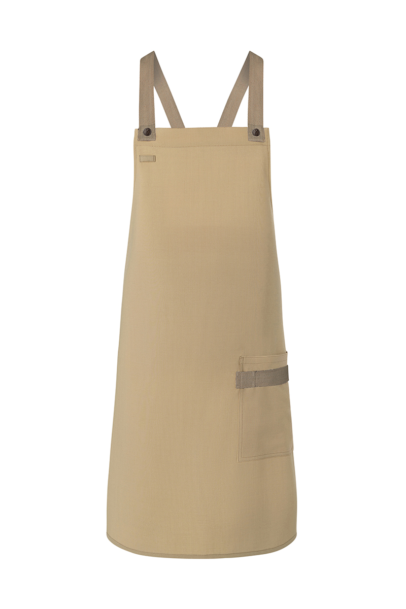 Latzschürze Unisex Kieselbeige – Latzschürze Urban-Look mit Kreuzbändern und Tasche, Detailansicht