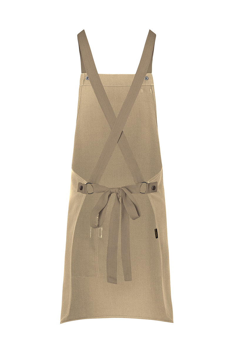 Latzschürze Unisex Kieselbeige – Latzschürze Urban-Look mit Kreuzbändern und Tasche, Detailansicht