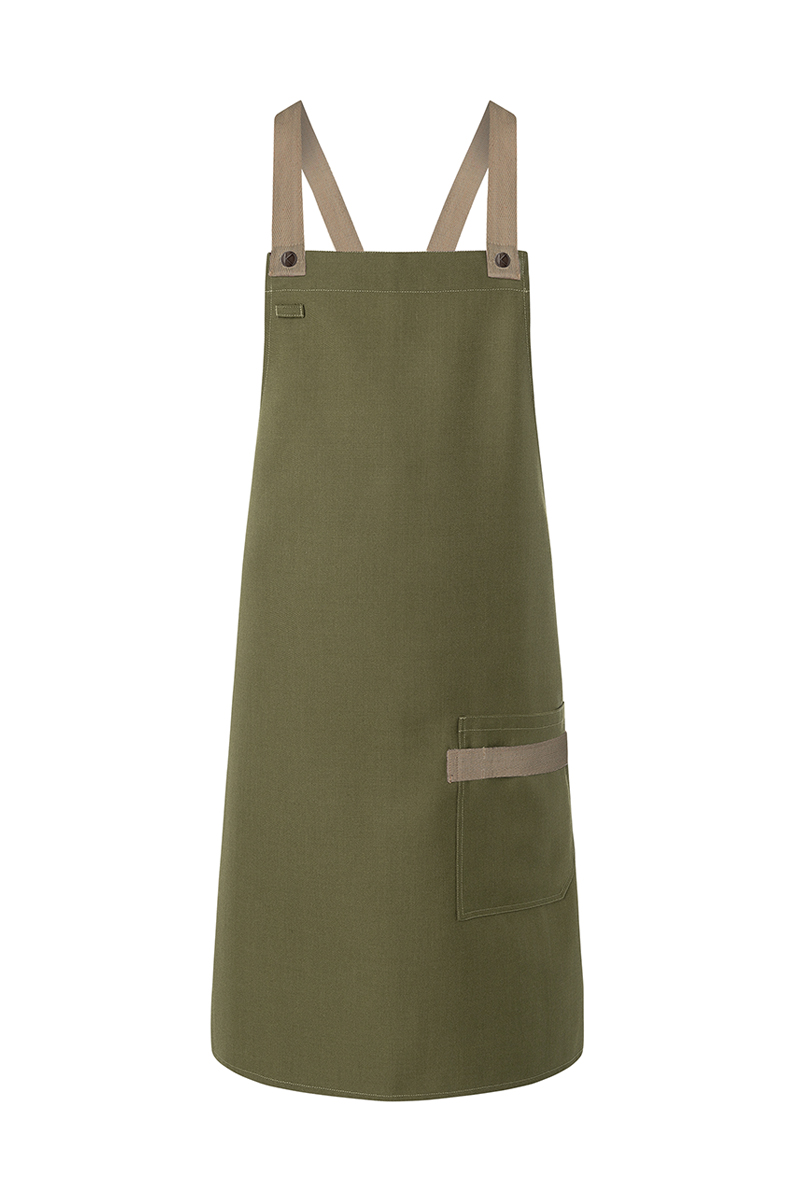 Latzschürze Unisex Moosgrün – Latzschürze Urban-Look mit Kreuzbändern und Tasche, Detailansicht