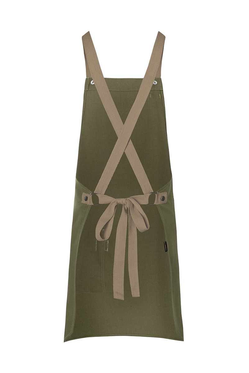 Latzschürze Unisex Moosgrün – Latzschürze Urban-Look mit Kreuzbändern und Tasche, Detailansicht