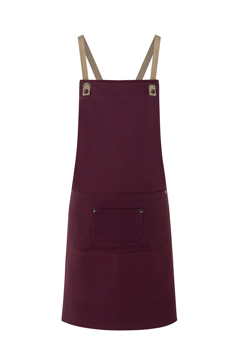 Latzschürze Unisex Aubergine – Latzschürze Urban-Nature mit Kreuzbändern und großer Tasche, Detailansicht