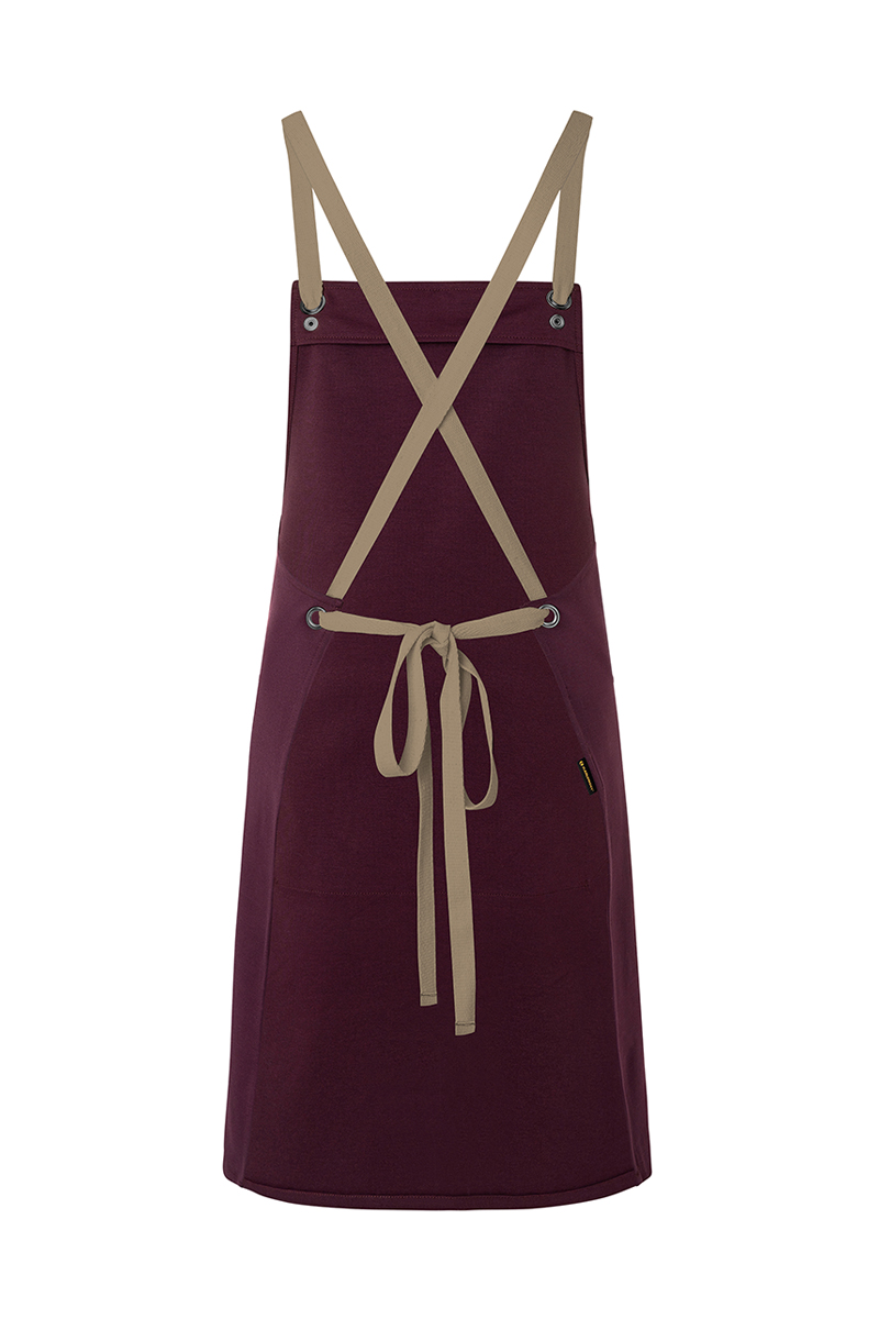 Latzschürze Unisex Aubergine – Latzschürze Urban-Nature mit Kreuzbändern und großer Tasche, Detailansicht