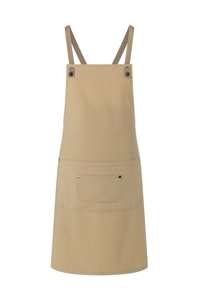 Latzschürze Unisex Kieselbeige – Latzschürze Urban-Nature mit Kreuzbändern und großer Tasche, Detailansicht