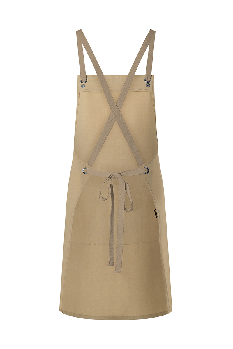 Latzschürze Unisex Kieselbeige – Latzschürze Urban-Nature mit Kreuzbändern und großer Tasche, Detailansicht