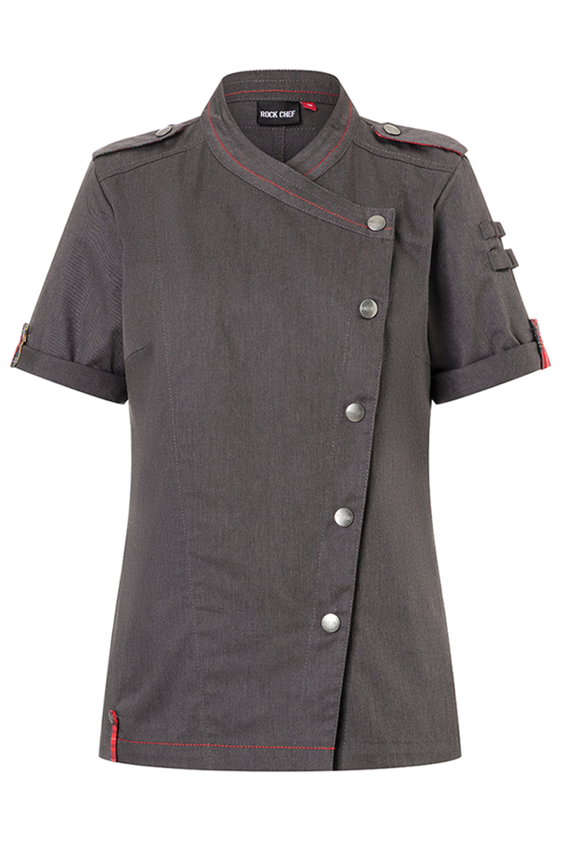 Kochjacke Damen Vintage black – Kurzarm Damenkochjacke Denim-Style ROCK CHEF®-Stage2, Detailansicht