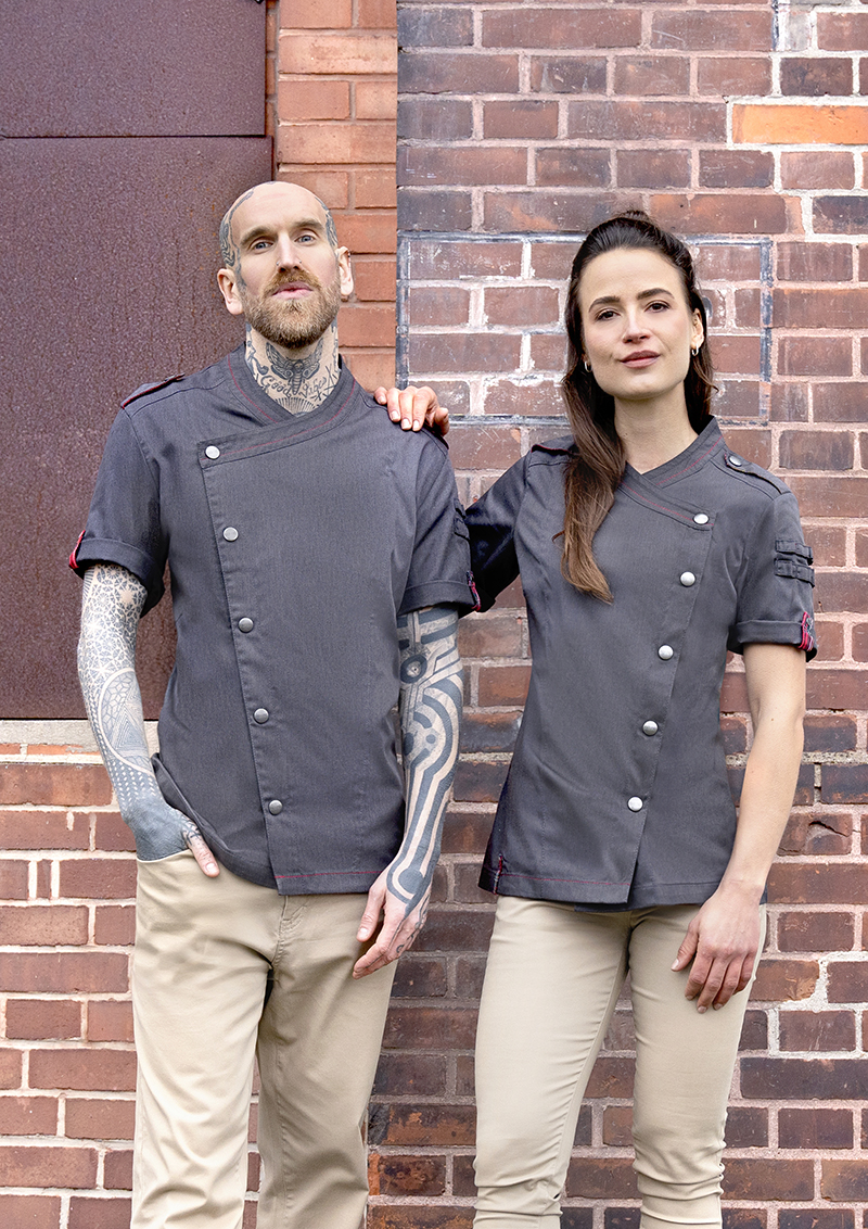 Kochjacke Damen Vintage black – Kurzarm Damenkochjacke Denim-Style ROCK CHEF®-Stage2, Detailansicht