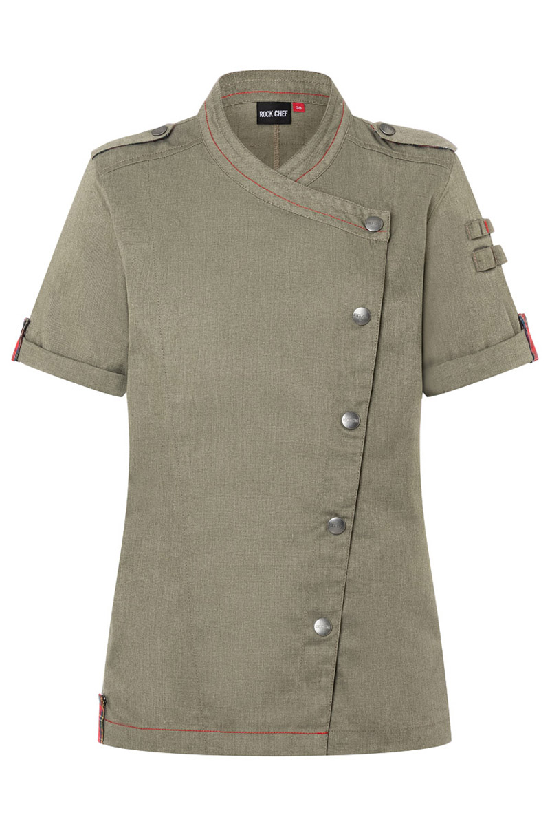Kochjacke Damen Vintage moss green – Kurzarm Damenkochjacke Denim-Style ROCK CHEF®-Stage2, Detailansicht