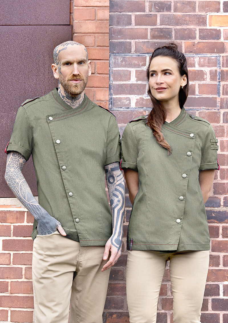 Kochjacke Damen Vintage moss green – Kurzarm Damenkochjacke Denim-Style ROCK CHEF®-Stage2, Detailansicht