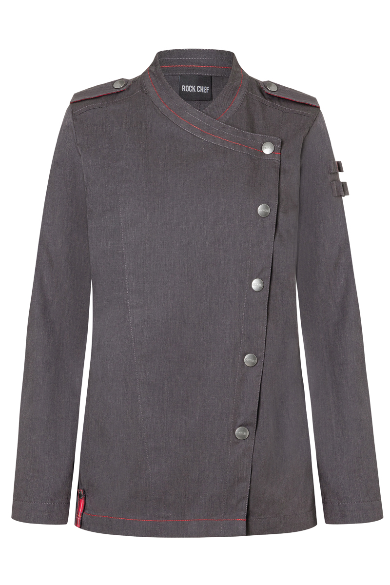 Kochjacke Damen Vintage black – Langarm Damenkochjacke Denim-Style ROCK CHEF®-Stage2, Detailansicht