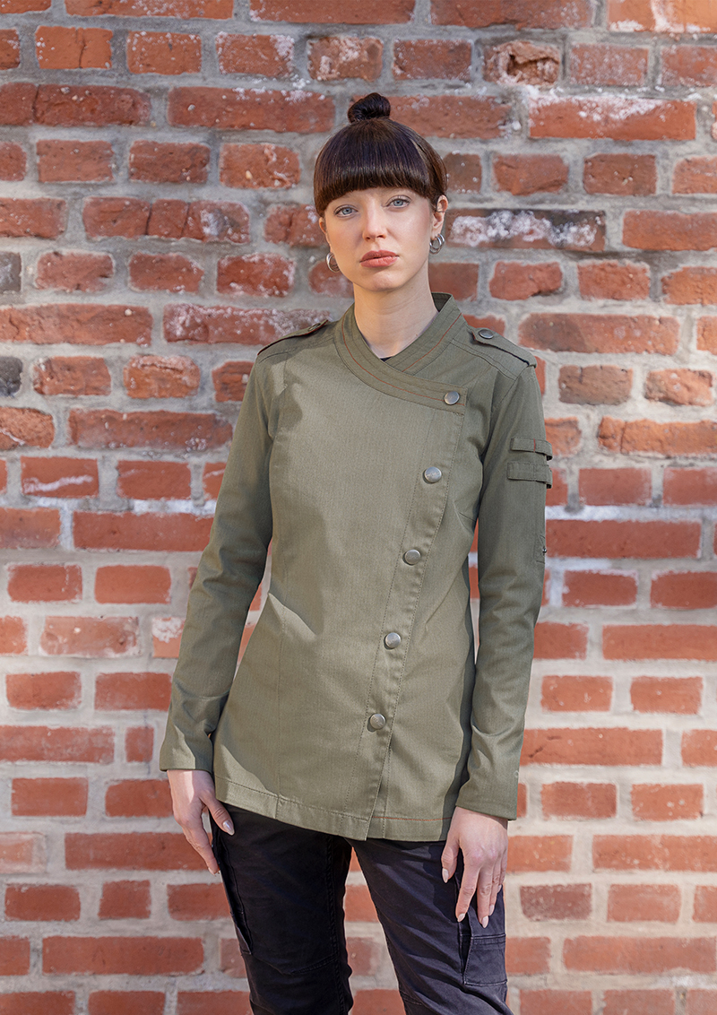 Kochjacke Damen Vintage moss green – Langarm Damenkochjacke Denim-Style ROCK CHEF®-Stage2
