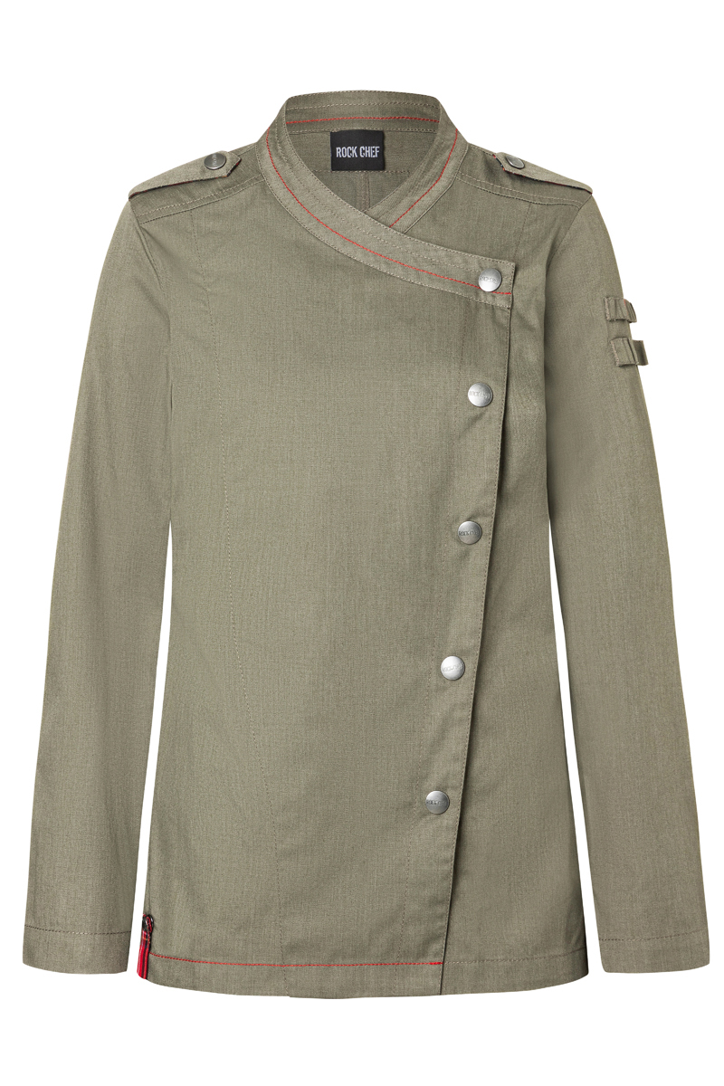 Kochjacke Damen Vintage moss green – Langarm Damenkochjacke Denim-Style ROCK CHEF®-Stage2, Detailansicht