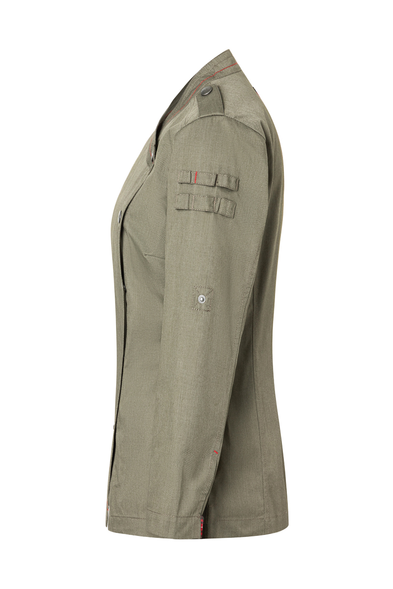 Kochjacke Damen Vintage moss green – Langarm Damenkochjacke Denim-Style ROCK CHEF®-Stage2, Detailansicht