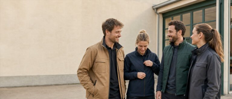 Team in Arbeitsjacken und Westen in Camel, Marine und Gruen vor einer hellen Werkstatt