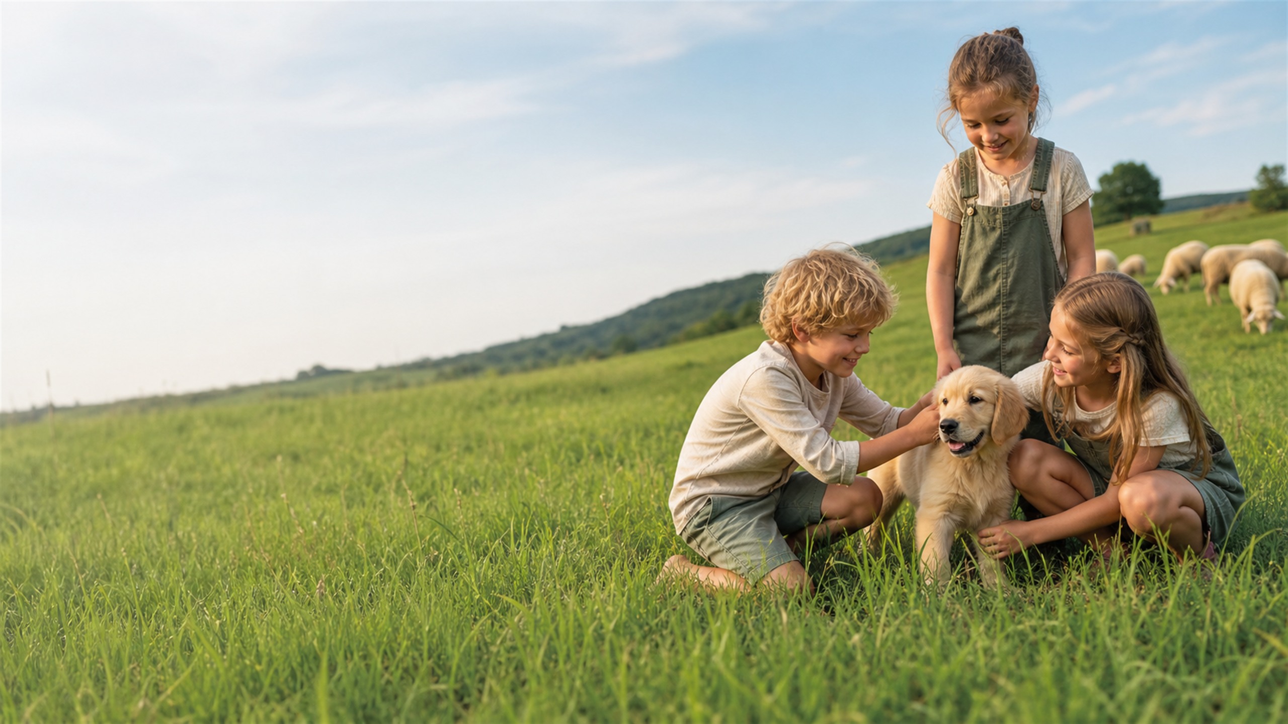 Kinder spielen mit einem Hundewelpen auf einer grünen Sommerwiese, Schafe im Hintergrund