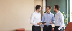Maenner in buegelfreien Business-Hemden in Weiss und Hellblau im hellen Buero