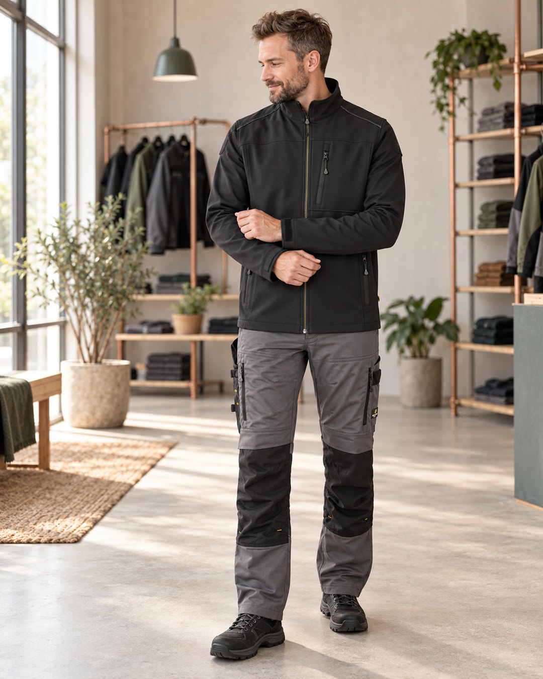 Handwerksmeister in Softshelljacke und Arbeitshose im Zweisam Showroom Schonach
